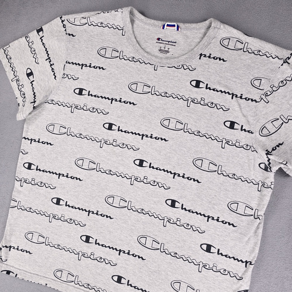 Champion Shirt Mens Large Gray All Over Print Logo Tee T-Shirt Athletic Casual